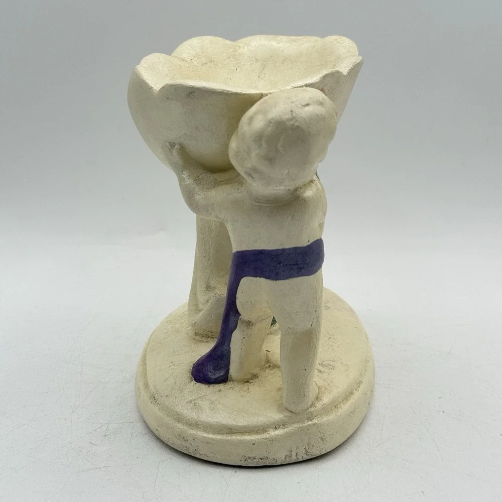 Vintage Plaster Chalkware Cherub Angel Soap Dish Jewelry Trinket‎ Pedestal Bowl